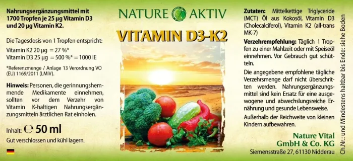 Vitamin D3 + K2 Tropfen Produktetiketttikett